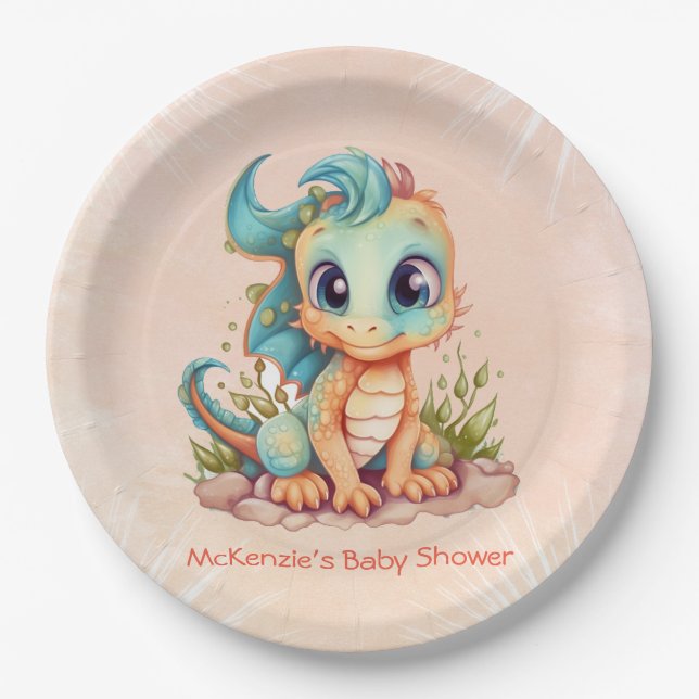 Adorable Little Dragon Fairytale Boy Baby Shower Paper Plate (Front)