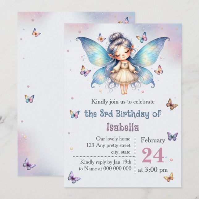Adorable little fairy birthday invitation (Front/Back)
