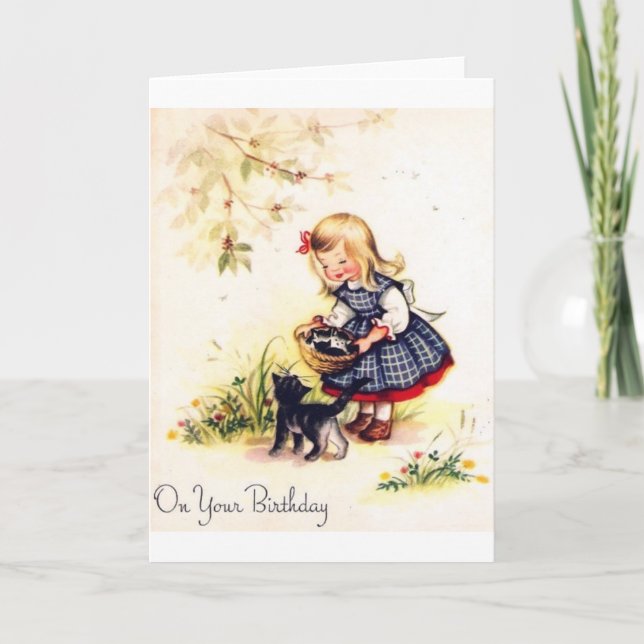 Adorable Little Girl And Kittens Birthday Card (Front)