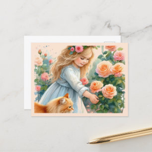Adorable Little Girl Picking Roses with her Cat Postcard
