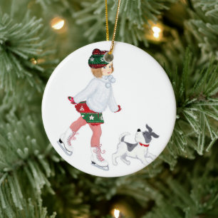 Adorable little girl skating on ice and Dog Ceramic Tree Decoration
