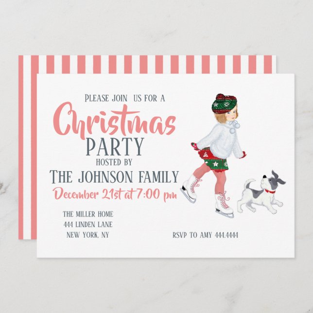 Adorable little girl skating on ice and Dog        Invitation (Front/Back)