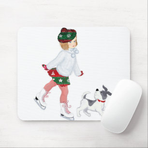 Adorable little girl skating on ice and Dog Mouse Pad