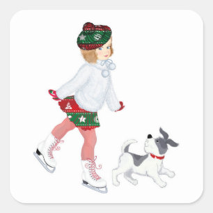 Adorable little girl skating on ice and Dog Square Sticker