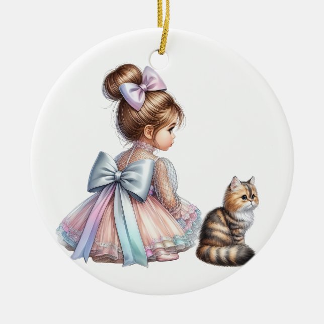 ADORABLE LITTLE GIRL WITH HER KITTEN CERAMIC TREE DECORATION (Front)