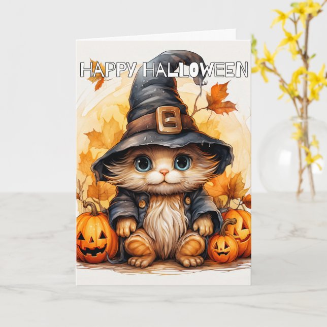 Adorable Little Kitten Cat Witch | Happy Halloween Card (Yellow Flower)
