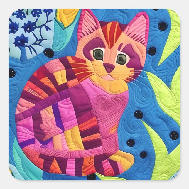 Adorable Little Kitten Quilt Like Design Square Sticker (Front)