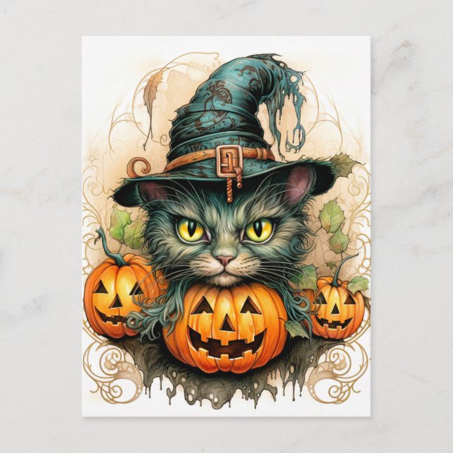 Adorable Little Kitty Cat Witch Postcard (Front)