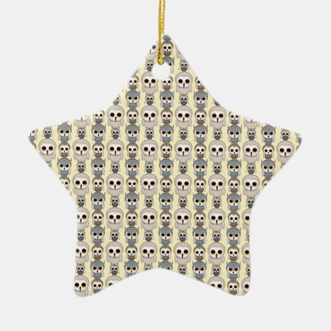 Adorable Little Owls Pattern on Light Yellow Ceramic Tree Decoration (Front)