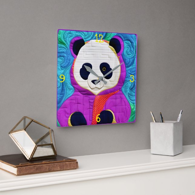 Adorable Little Panda - Quilt-Like Design Square Wall Clock (Office)