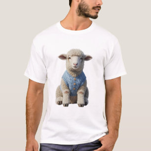 Adorable Little Sheep Wearing Blue Knit Vest T-Shirt
