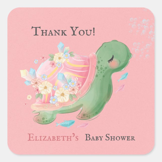Adorable Little Turtle Pink Baby Shower Thank You Square Sticker (Front)
