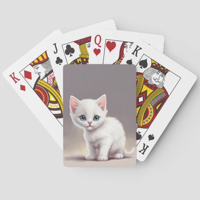 Adorable little white kitten playing cards (Back)