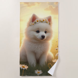 Adorable little, white Spitz puppy  Beach Towel