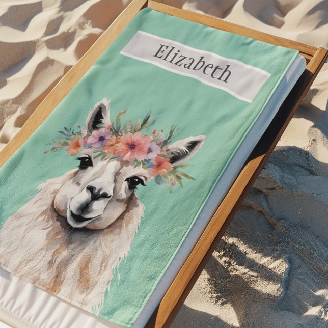 Adorable Llama Wildflower Teal Name Kid's Animal Beach Towel (Llama Wildflower Vacation Custom Beach Towel)