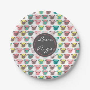 Adorable “ Love Pugs” colourful pugs illustrat Paper Plate