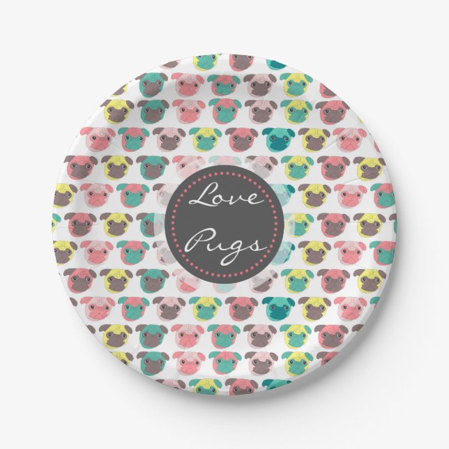 Adorable “ Love Pugs” colourful pugs illustration Paper Plate (Front)