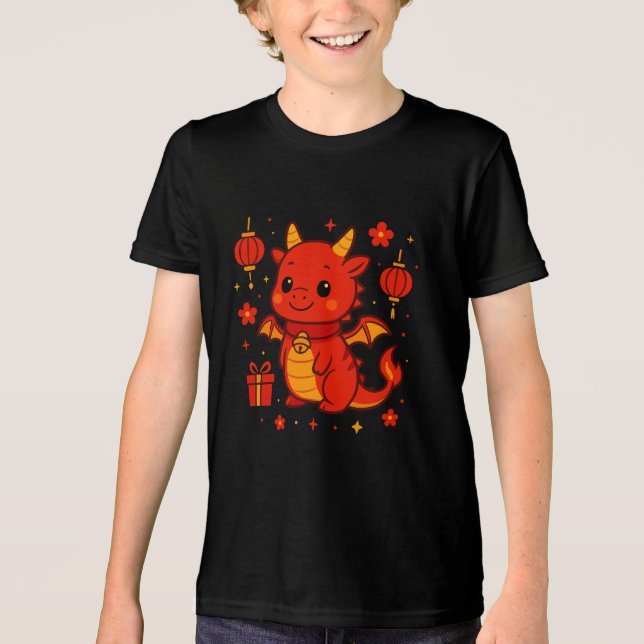Adorable Lucky Dragon – Kawaii Prosperity Lanterns Tri-Blend Shirt (Front)