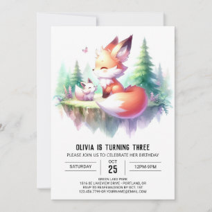 Adorable Magical Fox Birthday digital  Invitation