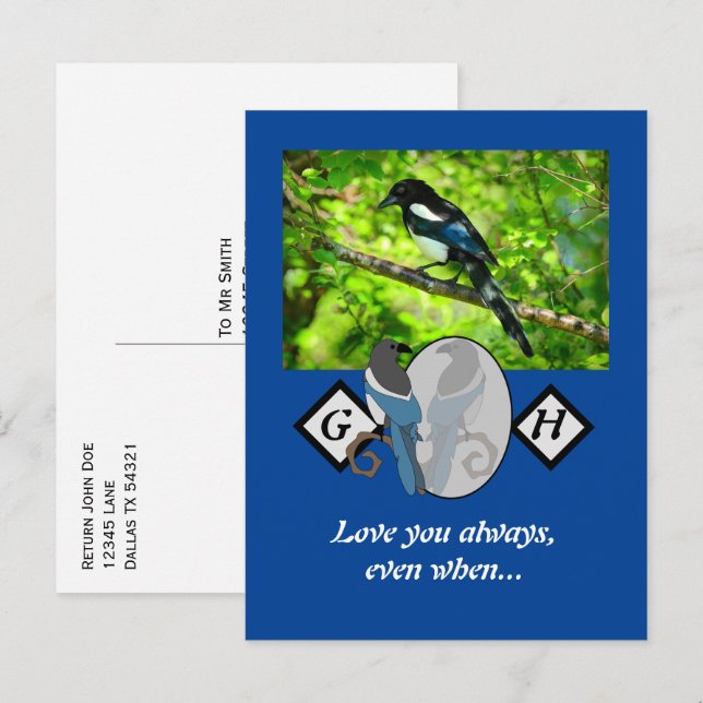 Adorable Magpie Looking Glass Monogram w Photo Invitation Postcard (Front/Back)