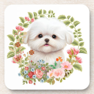 Adorable Maltese Puppy in Bloom, Maltese Dog lover Coaster