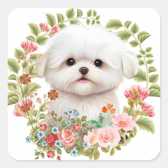 Adorable Maltese Puppy in Bloom, Maltese Dog lover Square Sticker (Front)