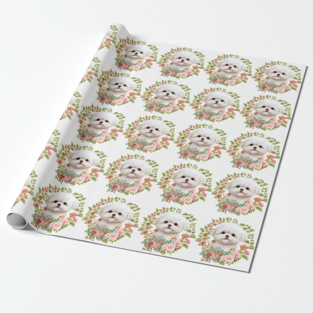 Adorable Maltese Puppy in Bloom, Maltese Dog lover Wrapping Paper (Unrolled)