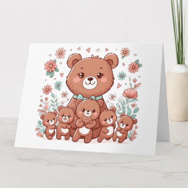 Adorable mama bear with five cubs card (Front)