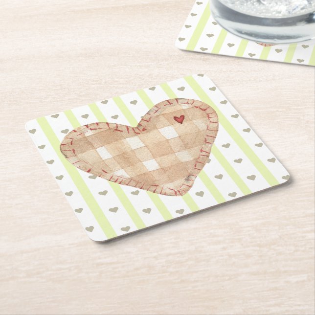 Adorable matching rustic heart and stripes Cute Square Paper Coaster (Angled)