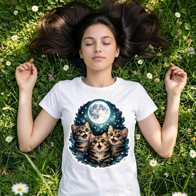 Adorable Meowing Cat Trio Under Full Moon Women's  T-Shirt (Creator Uploaded)