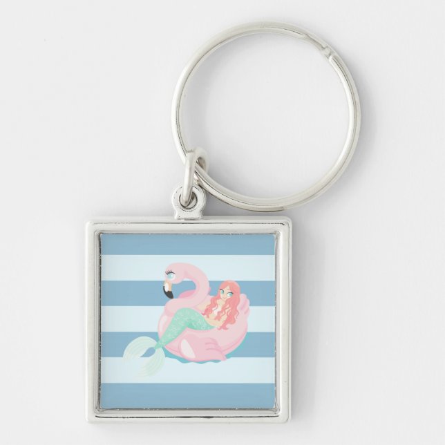 Adorable Mermaid on Light Blue and White Stripes Key Ring (Front)