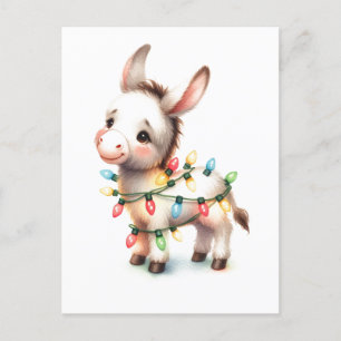 Adorable Merry Christmas Donkey Watercolor Lights Postcard