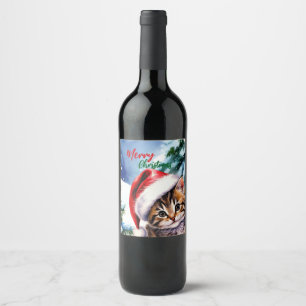adorable Merry Christmas white winter cat kitten Wine Label