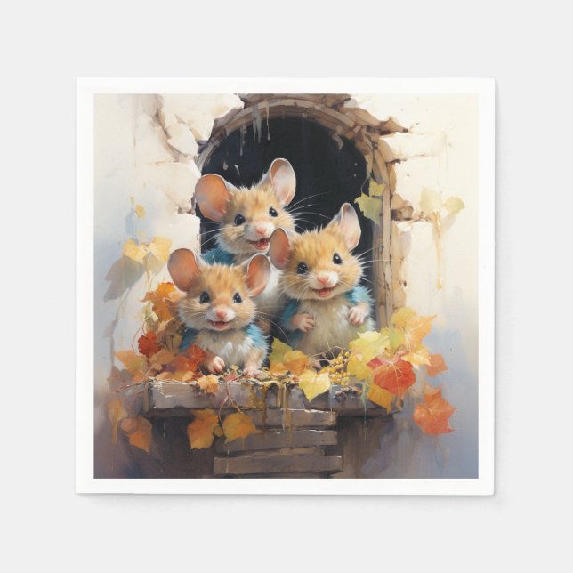 Adorable Mice Autumn Leaves, Looking Out Window Napkin (Front)