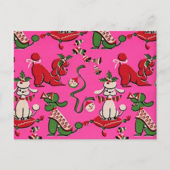 Adorable Mid-century MCM holiday poodles on Pink   Postcard (Front)