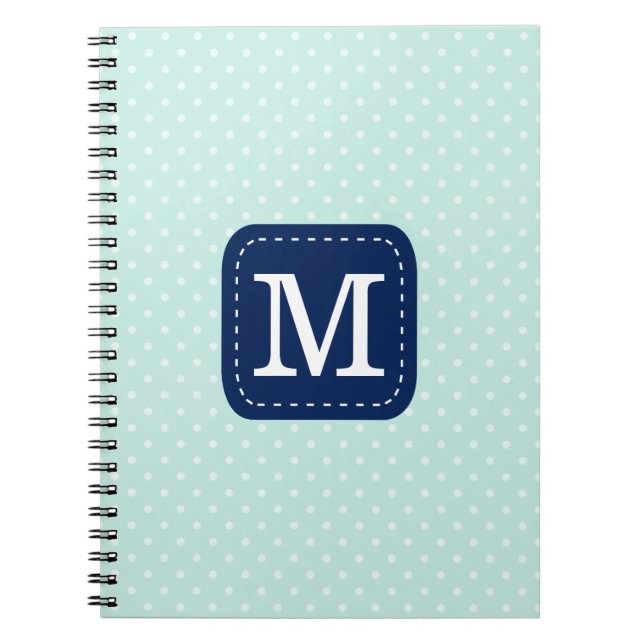 Adorable Mint Polka Dots Navy Blue Monogram Spiral Notebook (Front)