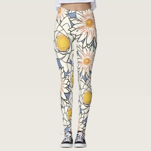 Adorable modern retro flowers l Blue and white Leggings (Front)