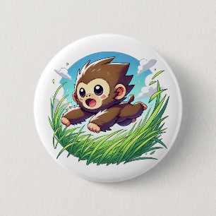 Adorable monkey leaping through a field 6 cm round badge