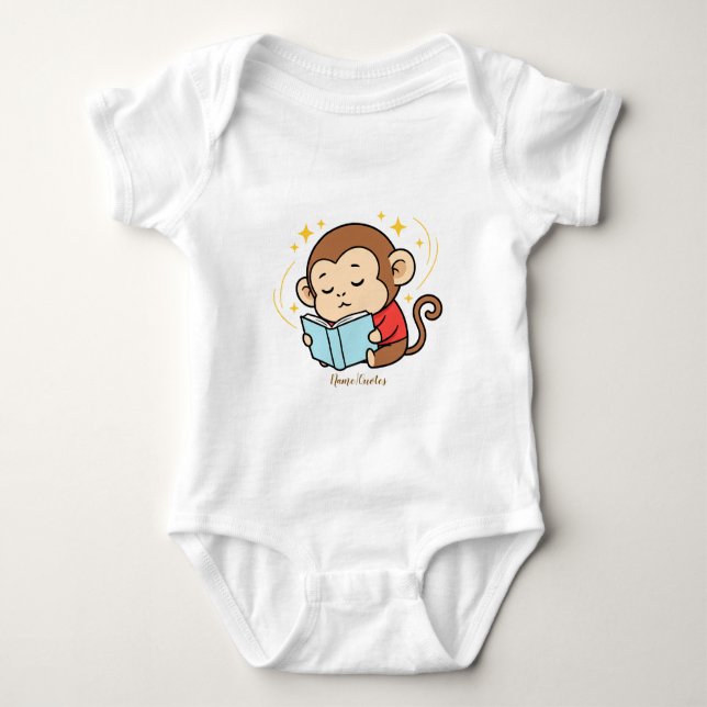 Adorable Monkey Reading Book Baby Bodysuit (Front)