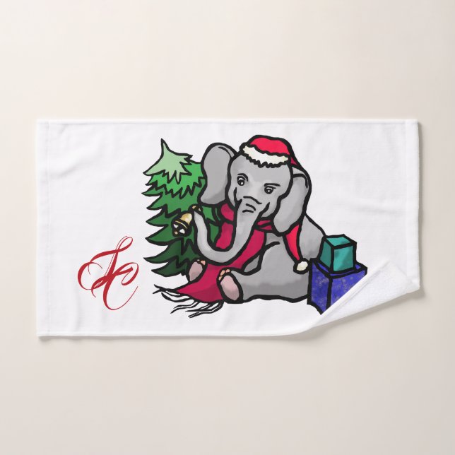 Adorable Monogram Christmas Santa Elephant Hand Towel (Hand Towel)