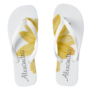 Adorable monogram l Yellow watercolor floral White Jandals