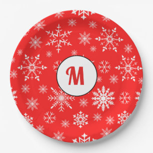 Adorable monogrammed snowflakes pattern red cute paper plate