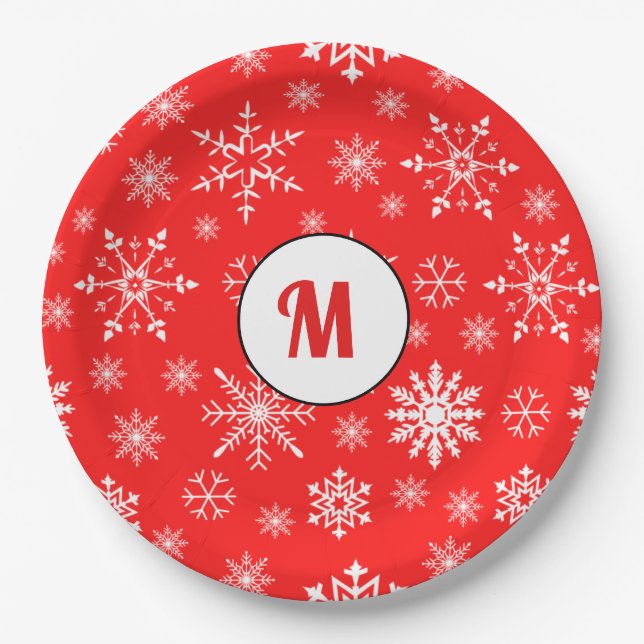 Adorable monogrammed snowflakes pattern red cute paper plate (Front)