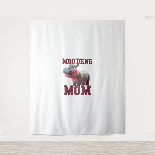 Adorable MOO DENG MOM Baby Hippo Mama Dabbing Prin Tapestry (Front)