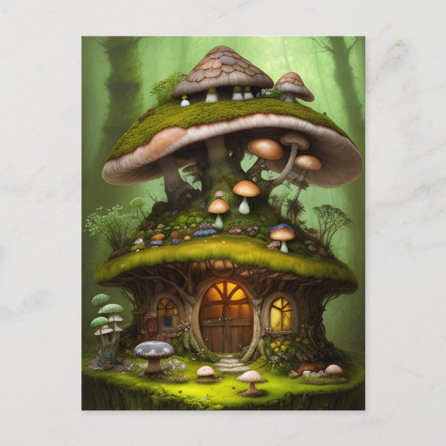 Adorable Mossy Mushroom Fairy House Postcard (Front)