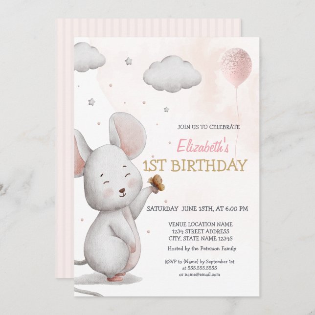 Adorable Mouse Balloon Striped Birthday Invitation (Front/Back)