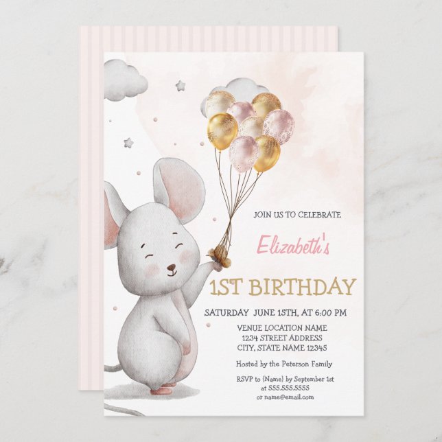 Adorable Mouse Balloons Striped Birthday Invitation (Front/Back)
