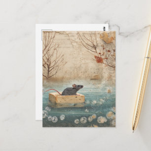 Adorable Mouse Floating on a Soap Down River Postcard
