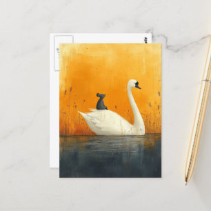 Adorable Mouse Hitches a Ride on a Swan Postcard