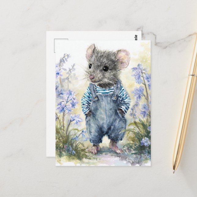 Adorable Mouse in Denim Postcard (Front/Back In Situ)